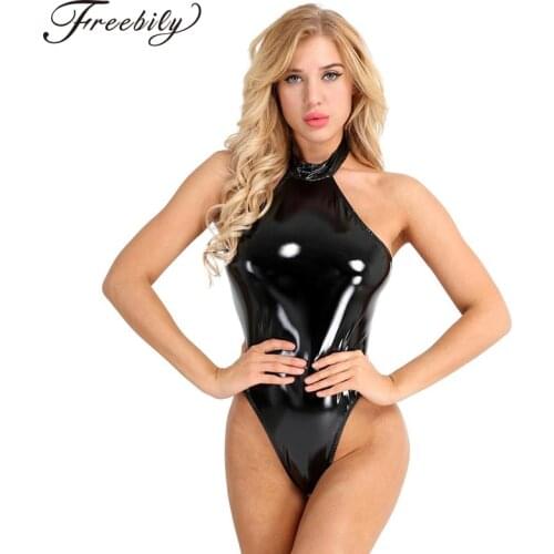 Sexy Women Black One Piece Body Suit Wetlook Latex Catsuit High Neck Halter Backless Leotard Bodysuit for Night Club Dance Wear