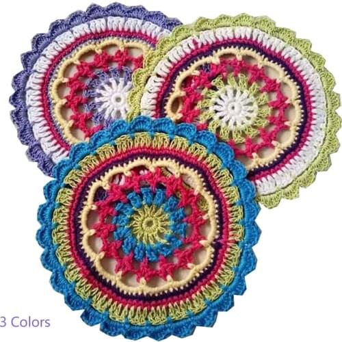 Round Colorful lace cotton table place mat pad Cloth crochet placemat cup mug tea dish coaster Christmas doily kitchen tableware