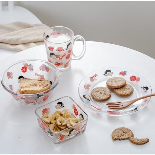 Cute strawberry glass bowl salad bowl plate and cup cartoon Cutlery Set for girls fruit oatmeal bowl milk cup breakfast bottle
