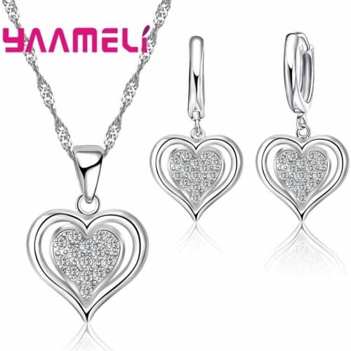 Latest 925 Sterling Silver Heart Jewelry Sets For Ladies Gifts Sweet Double Hearts Necklace Earrings Wholesale