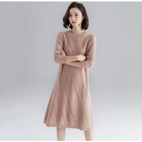 2020 new Autumn Winter Women O-neck solid wool Dresses Long Sleeve Lady long knitted pullover loose cashmere long sweater Dress