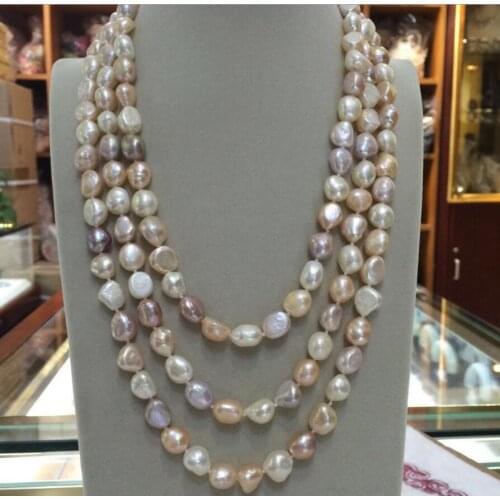 NEW long 60"9-10mm baroque white+Pink+Purple freshwater pearl necklace AAA
