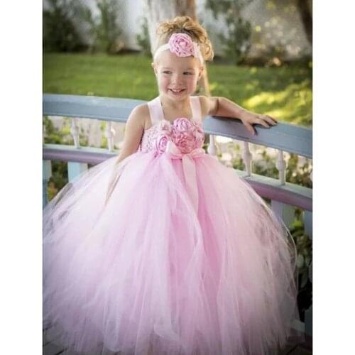 Blush Pink Flower Girl Dress with Flower Headband Princess Girls Bridesmaid Wedding Tutu Dresses Pink Fancy Ball Gown