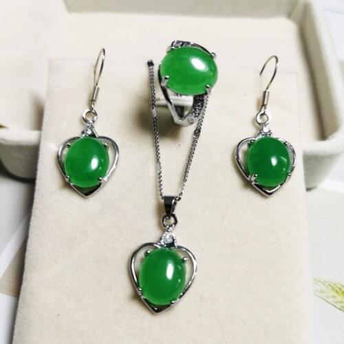 Silver Heart Earrings Jewelry Sets CZ Natural Green Jade Emerald Necklace/Ring Silver 925 Jewelry Women Party Gifts