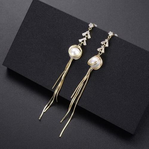 Dorado Cubic Nature Pearl Drop Dangle Earrings For Female Charm Shiny Zircon Long Tassel Brincos Temperament Jewelry Gift 2021