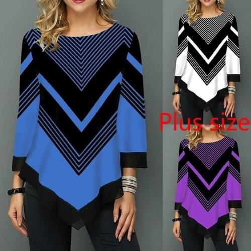 5XL Large Size Tops 2019 New Spring Women Loose T Shirt Three Quarter O-Neck Irregular Striped Print Casual Tops 4XL Plus Size