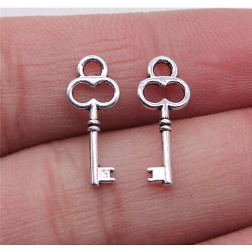 WYSIWYG 50pcs/lot 7x17mm Key Charms Pendant For Jewelry Making Antique Silver Color Alloy Jewelry Accessories
