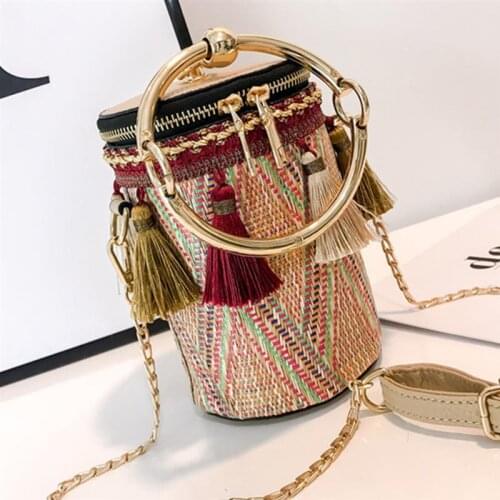 National Style Straw Woven Handmade Womens Handbag Bucket Bag With Ring Ethnic Style Crossbody Shoulder Bag For Female Lady