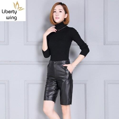 Genuine Leather Slim Fit High Waist Office Knee Length Women New OL Fashion Black Zip Shorts Femme Plus Size 4XL