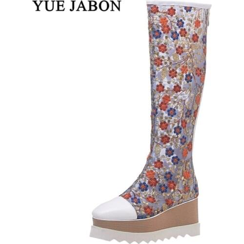 Lace Knee High Boots 2020 New flower embroidery Long Boots for Women Spring Autumn Ladies Shoes Woman Flower Bohemia Booties
