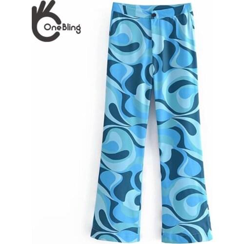 OneBling Za Woman 2021 Vinatge Traf Blue Print Pant Chic Female Pantalones De MujerZipper Pant Harajuku Cargo Pants Korean