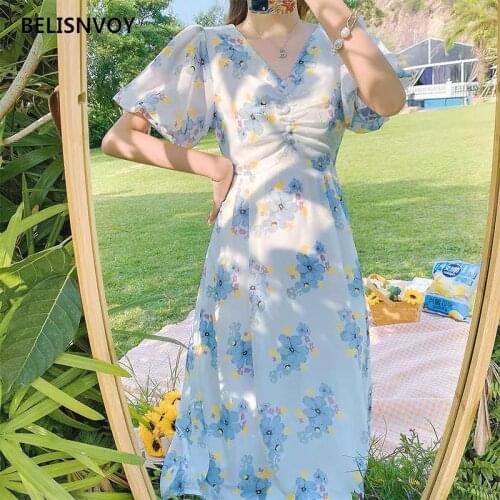 New Arrival 2021 Summer Floral Printed Dress Women French Style Chiffon Fairy Dress Puff Sleeve Korean Chic Elegant Sweet Dress