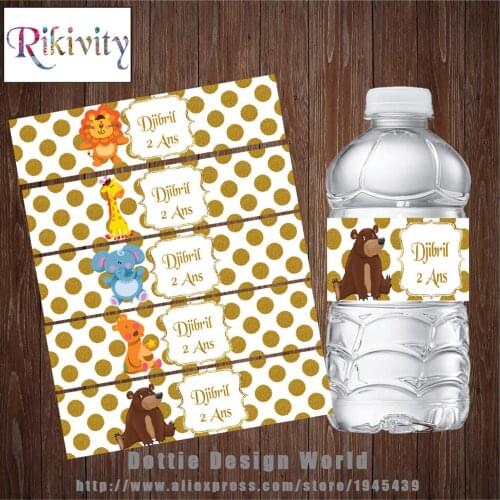 20Pcs Gold Polka Dots Annimal Jungle Safari Zoo Water Bottle Wine Labels Candy Bar Wrapper Baby Shower Birthday Party Decoration