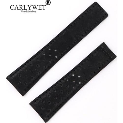 CARLYWET 22mm Black Suede Real Leather Replacement Wrist Watch Band Strap Belt Loop No Buckle