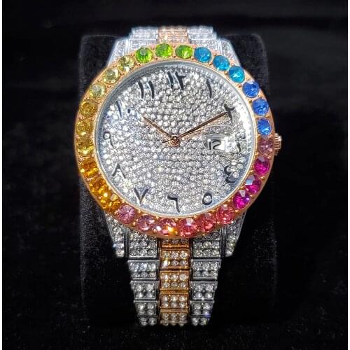 Hip Hop MISSFOX Mens Rose Gold Watches Luxury Date Iced Out Quartz Wristwatches Stainless Steel Waterproof Watch For Man Jewelry