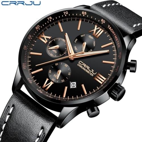 CRRJU New Mens Watches Top Brand Leather Chronograph Waterproof Sport Automatic Date Quartz Watch For Men Relogio Masculino