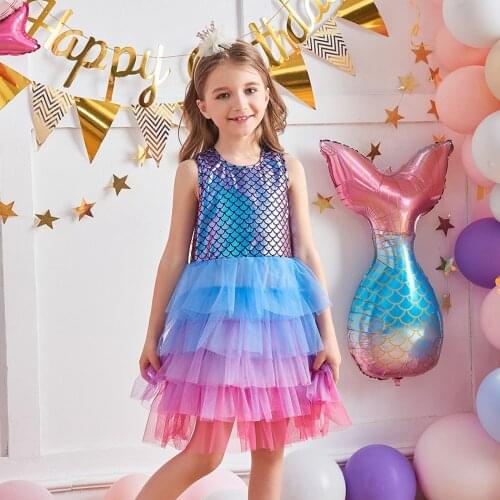 Girls Mermaid Tutu Dress Kids Laser Summer Sleeveless Dresses for Birthday Party Perform Clothes Girl Smash Princess Tutu Dress