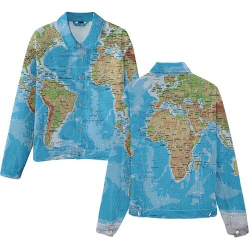 World Map 3d Print Denim Jacket Coat Fashion Hip Hop Men Women Long Sleeve Pocket Button Jean-Jackets Hoodies Streetwear Clothes