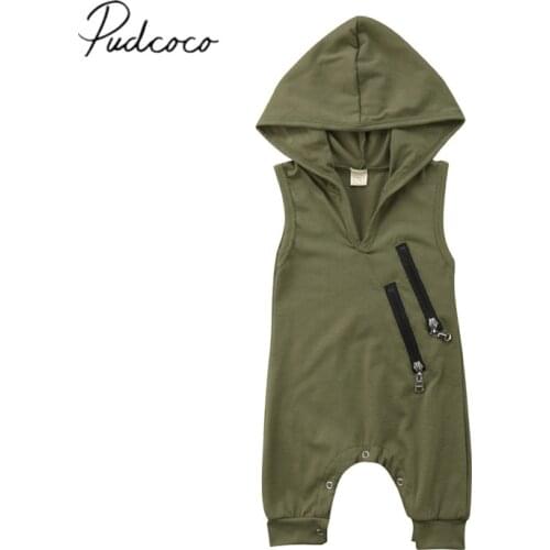 Newborn Toddler Baby Girls Boys Summer Casual Active Romper Sleeveless Hooded Solid Zipper Jumpsuits Romper 0-24M
