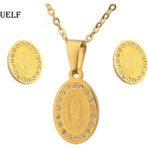 UELF Brand Mother Virgin Mary Necklace & Earrings Set Gold Color Catholic Religious Jewelry Set Christmas Gift For Women