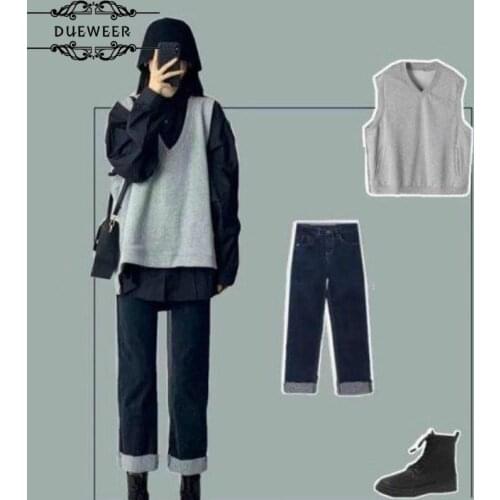 Womens Sets 2 Piece Women Oversize Shirts Solid Vest Ankle Length Jeans Simple Fashion Ladies Soft Daily Casual All-match Chic