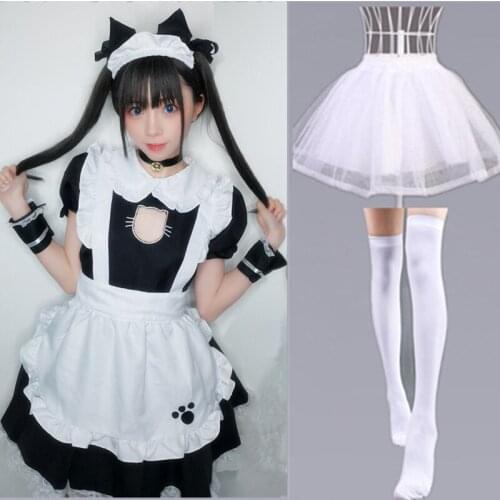 Bust Open Maid Cosplay Costume Sexy Catwomen Kitty Outfit Cotton Apron Lovely Lace Mini Dress For Women Anime Black White Lolita
