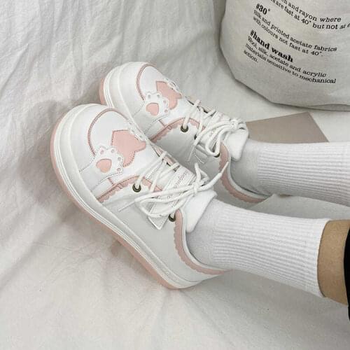 Lovely Womens Shoes White Sports Shoes Round Head Causal Platform Sports 2021 New Lovely Pink Girl Lolita Fashion Flat Shoes