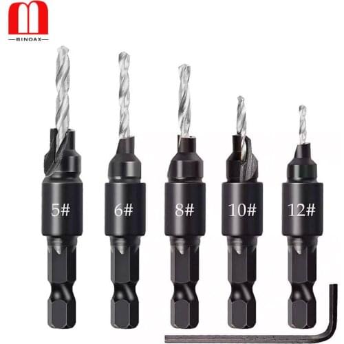 BINOAX 5pcs HSS Titanium Carpentry Countersink Drill Bit Set Woodworking + Hex Shank #5 #6 #8 #10 #12