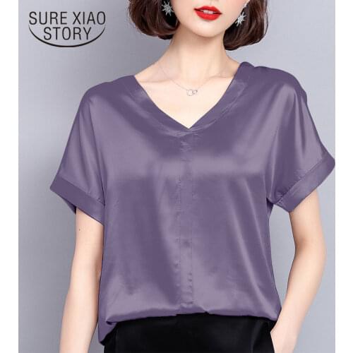 New summer women tops silk casual solid women blouses shirts v-neck fashion 2021 plus size women elegant female clothing 0420 40