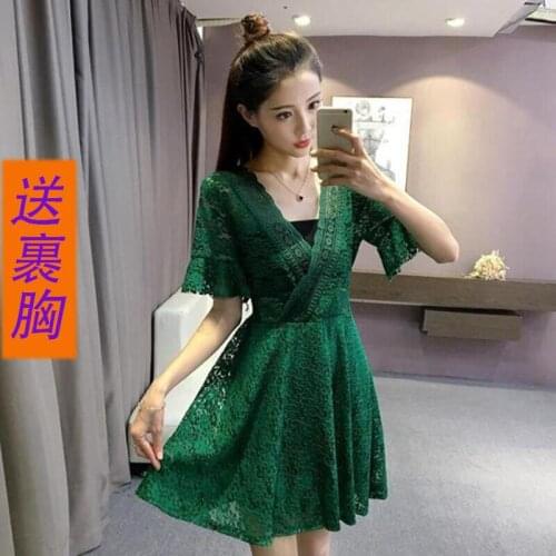 Summer Hollow-out Stretch V-neck Short Sleeve Flared Sleeves Lace Dress Woman Dresses Vestido De Mujer Femme Robe