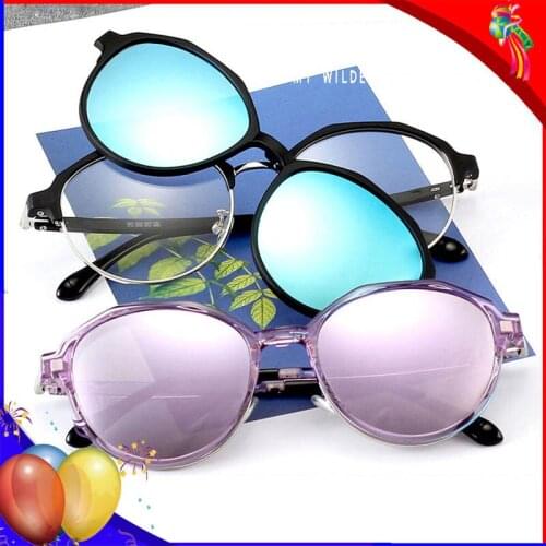 2 In 1 Polarized Sunglasses Magnetic Clip On Glasses Frame Half Metal Eyeglasses Frame Round Nearsighted Myopia Eyewear Men Wome