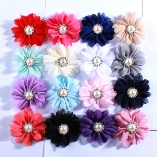 120PCS 6.5CM Cute Chiffon Fabric Flowers With Rhinestone Pearl For Girls Headbands Hair Accessories U Pick Color For Dress