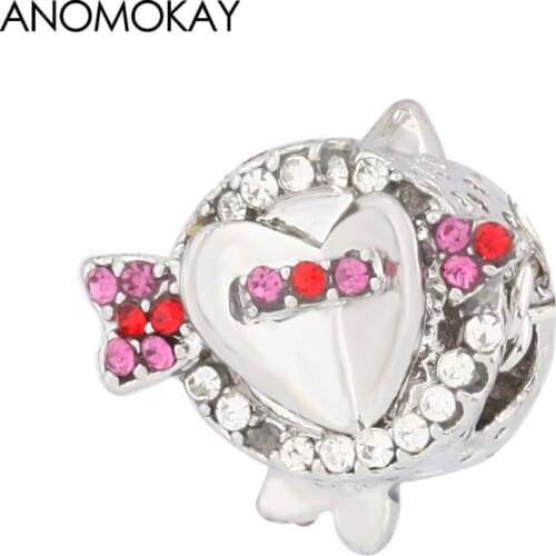 Anomokay Romantic Colorful Crystal Cupids Arrow Charm for Women Lover Girl DIY Jewelry Double Heart Arrow Beads fit Bracelet