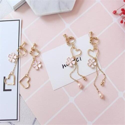 Pink Cherry Earrings Jewelry Cherry Blossom Series Pearl Tassel heart Earrings B044