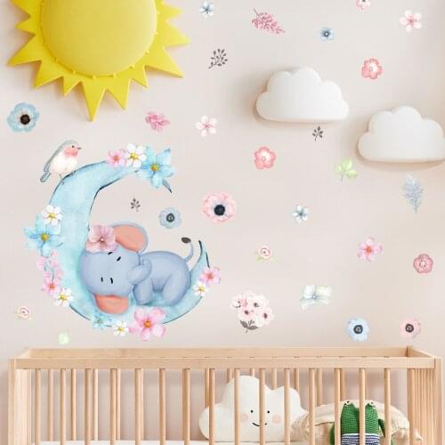Hand Painted Sleeping Flower Elephant Wall Stickers Baby Girls Kids room Wall Decorative PVC Wall Murals Home Decoration Decals