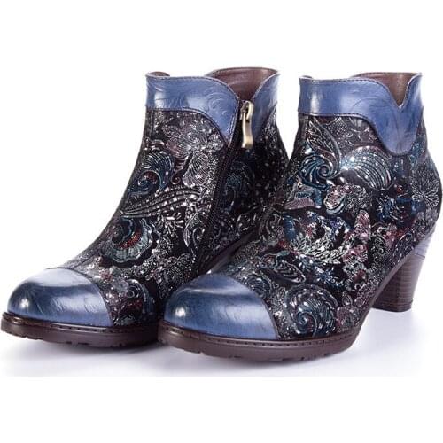 Riding boots, leather womens fashion comfortable in restoring ancient ways with national joker high-end printing short boots