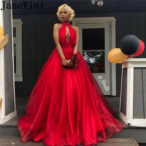 JaneVini Sexy Halter Backless Prom Dresses Long Elegant Pockets A Line Red Royal Blue Organza Evening Dress Vestidos Prom 2019