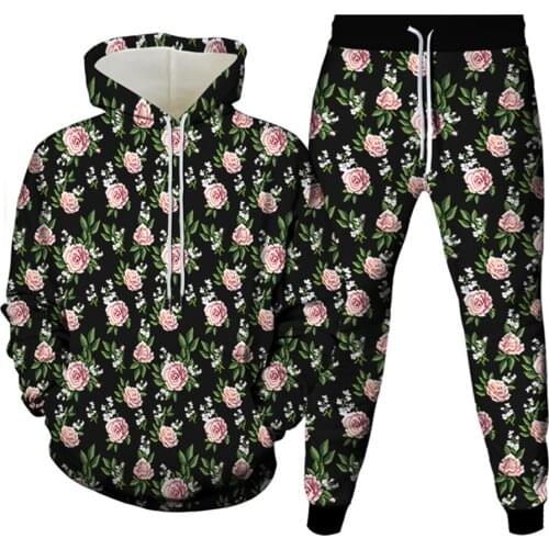 Men Vintage Flower Weed 3D Print Tracksuit 2Pcs Sets Women Pullover Hoodie Pants Casual Clothes Female Sweatshirts Outfits Suits