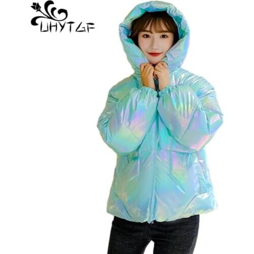 UHYTGF Colorful Shiny Cotton Coat Woman Jacket Winter Clothes Short Coats Women Parkas Outerwear Plus size Parka Hooded Tops 912