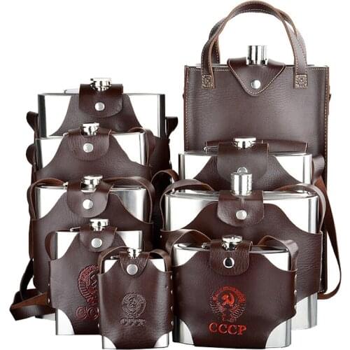 Large Capacity Leather Thickening 304 Stainless Steel Proof Kettle Pot Hip Flask Whiskey Wine Bottle Gifts CCCP for Alcoho