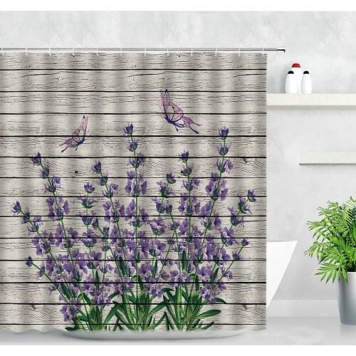 Purple Lavender Butterfly Printing Waterproof Shower Curtains Retro Wood Board Backdrop Decor Screens Hooks Bathroom Curtain Set