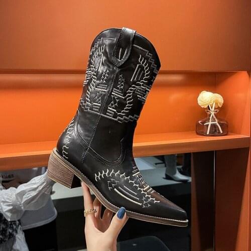 Boots Chunky Botas Mujer Brand Designer Cowboy Boots Embroider Casual Shoes Cossack Retro Booties leather boots women