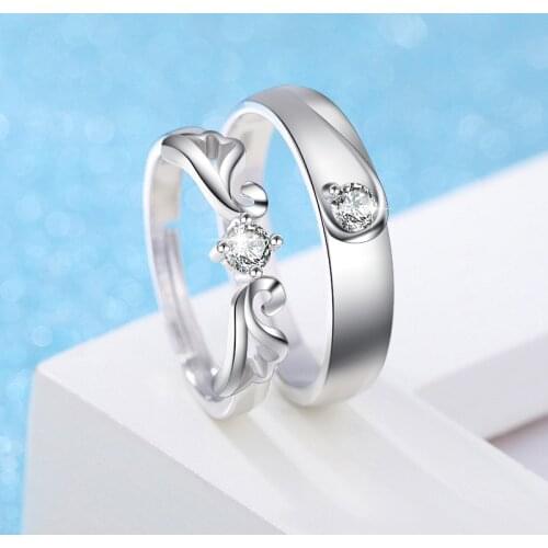925 Sterling Silver Angel Wing Couple Ring Zircon Opening Ring Women Engagement Wedding Romantic Accessories