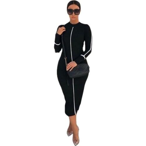 2021 Summer And Autumn New Zipper Pencil Skirt Contrast Color Long-Sleeved Temperament Slim Mid-Length Dress Women