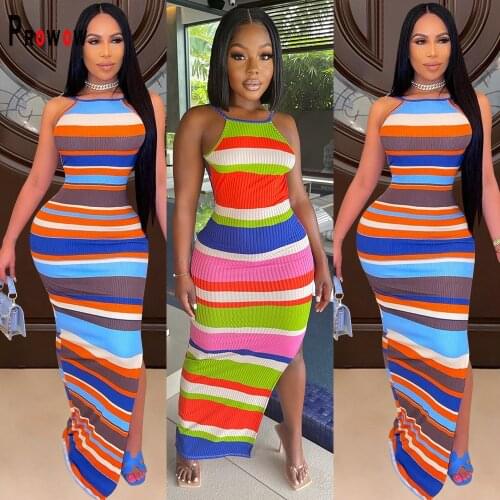 Prowow Women Bodycon Maxi Dress Colorful Striped Backless Sexy Beachwear Clothes 2021 New Summer Camisole Side Split Outfits