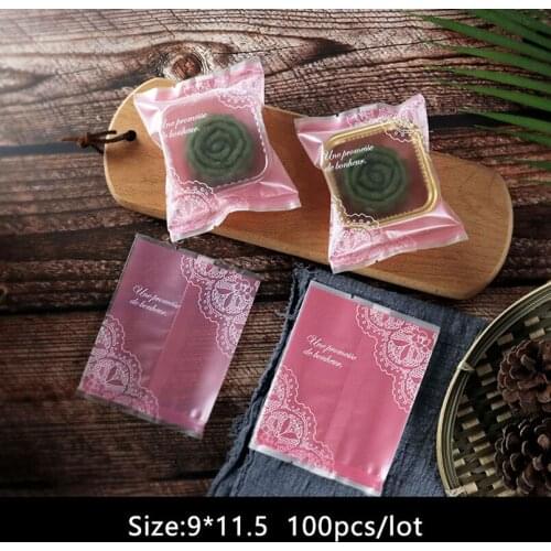 100pcs/lot White Lace Gear Pattern Pink Frosted Sealing Mooncake Cookies Colored Plastic Bags Party Baptism Sugar Packaging Bag