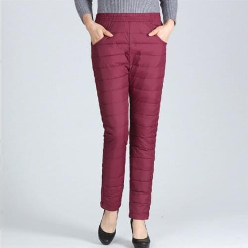 #2013 Winter 80% Duck Down Pants Women Warm Thickening Elastic High Waisted Warm Plus Size Trousers Middle Aged Red/Purple/Black