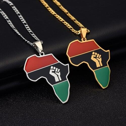 African Color Map & Fist Symbol Pendant Necklaces Silver Color/Gold Color Africa Maps Black Lives Matter Stainless Steel Jewelry