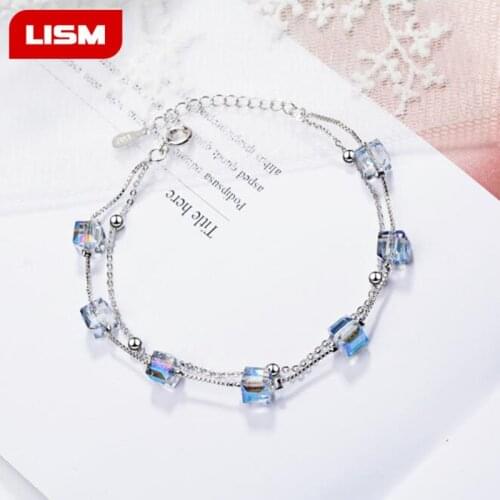 Authentic 100% Real 925 Sterling Silver Crystal Cube Bead Double Link Bracelet Bijoux Jewelry Gift For Women