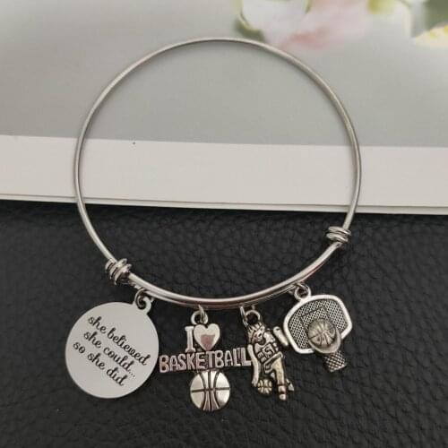 2.5inch Stainless Steel I Love Basketball Wire Bangle Inspiration Charms Bracelets for Basketball Team Sports Girls Jewelry